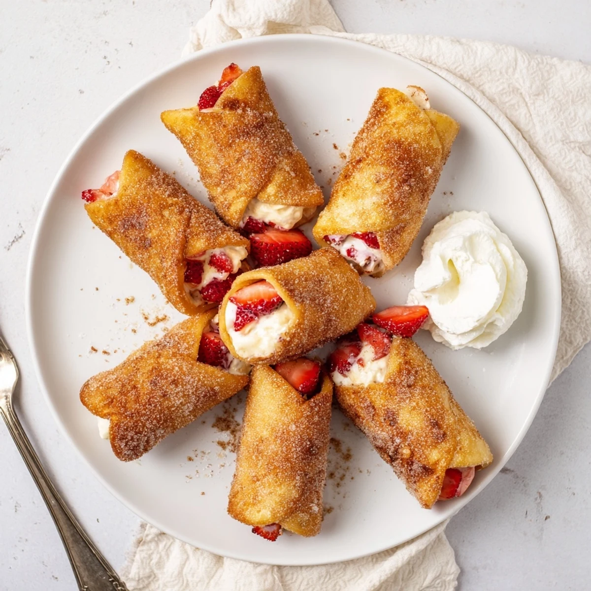 Golden-brown Cheesecake Dessert Chimichangas Cinnamon Sugar Delights resting on a white plate ready to serve