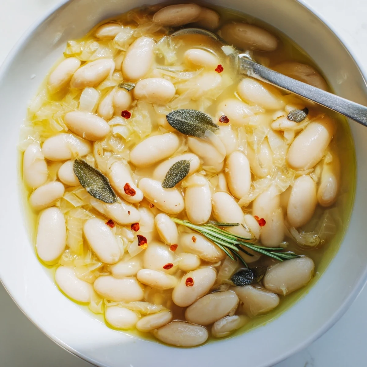Creamy Tuscan White Beans simmer in a rustic pot with olive oil, garlic, and fresh rosemary for a comforting Italian side dish.