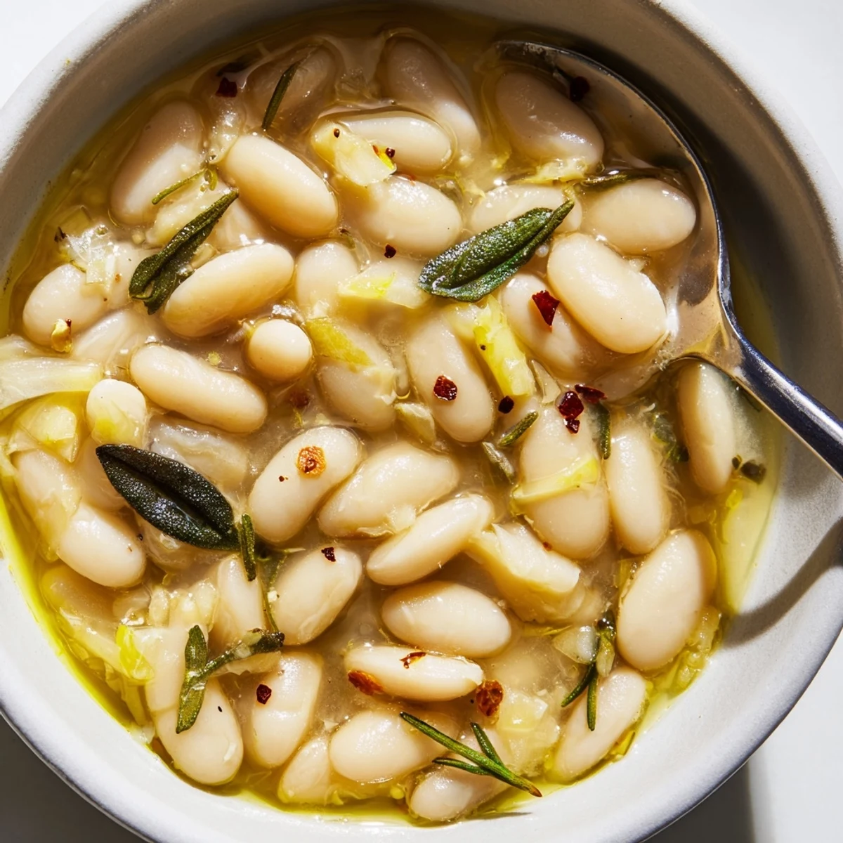 Steaming Tuscan White Beans in a Dutch oven, releasing aromatic hints of garlic and rosemary, perfect for a vegan dinner side.
