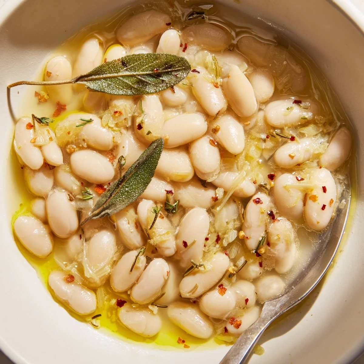 A close-up of Tuscan White Beans served on crusty bread, garnished with fresh sage and a drizzle of golden olive oil.