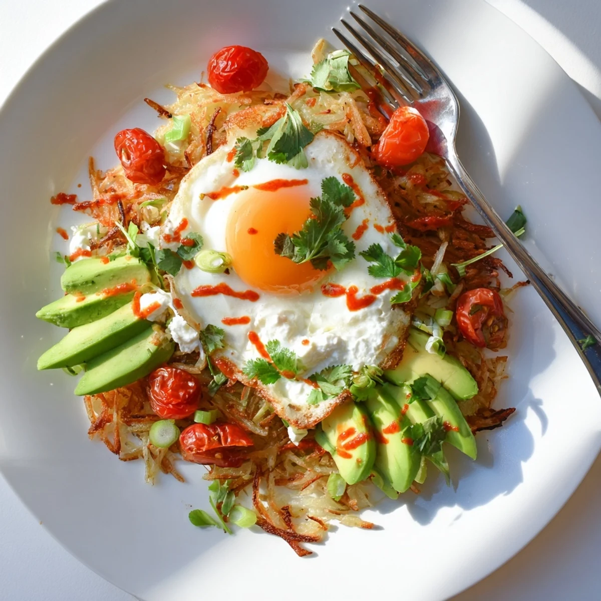 Golden crispy Loaded Hash Browns with Eggs, Avocado & Cottage Cheese topped with fluffy eggs, creamy avocado slices, and tangy cottage cheese on a plate.