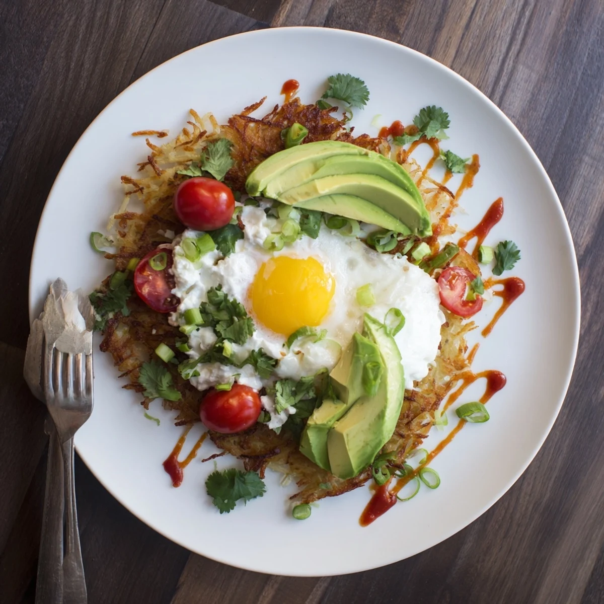 Hearty breakfast Loaded Hash Browns with Eggs, Avocado & Cottage Cheese featuring fried eggs, sliced avocado, and cottage cheese, finished with fresh herbs.