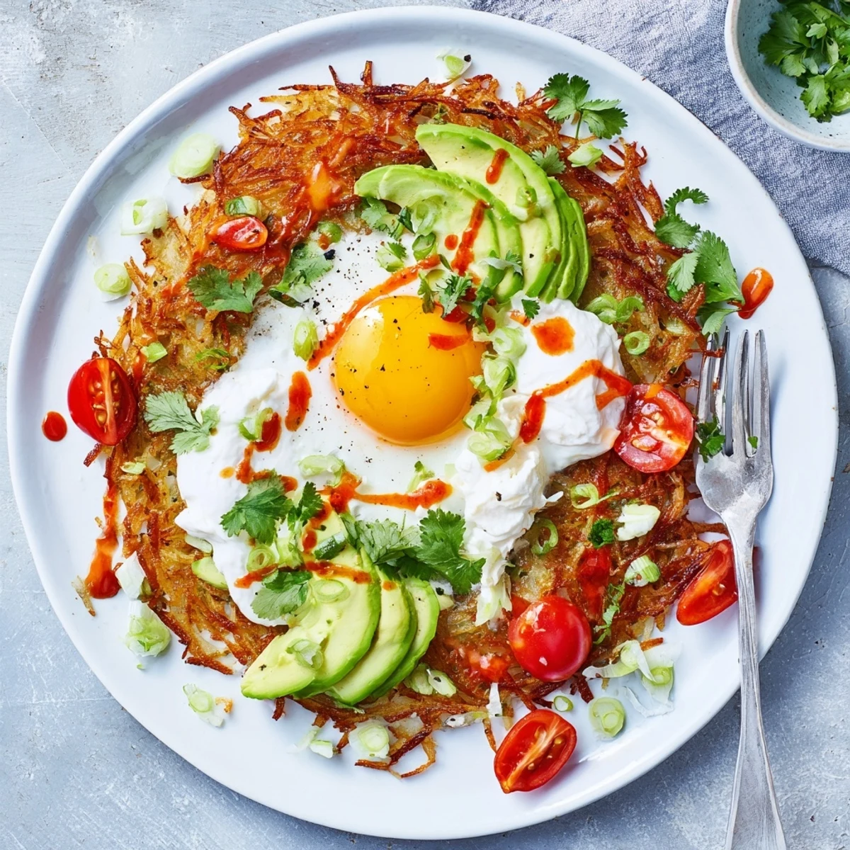 Savory American breakfast Loaded Hash Browns with Eggs, Avocado & Cottage Cheese served with hot sauce and tomatoes on a rustic plate for sharing.