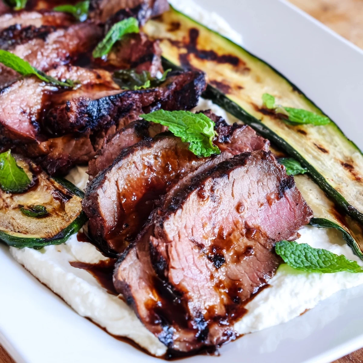 Sliced balsamic flank steak arranged with smoky grilled zucchini and creamy whipped feta on a white platter.