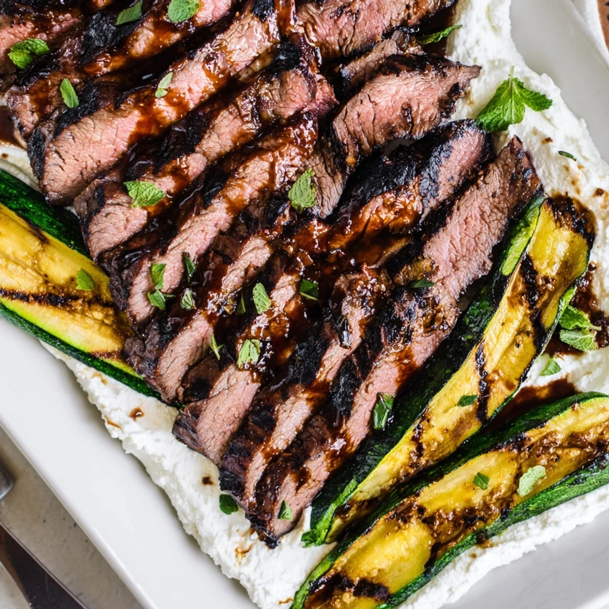 A summer Mediterranean-inspired dinner featuring marinated steak slices, charred zucchini, and fluffy feta spread beside fresh mint.
