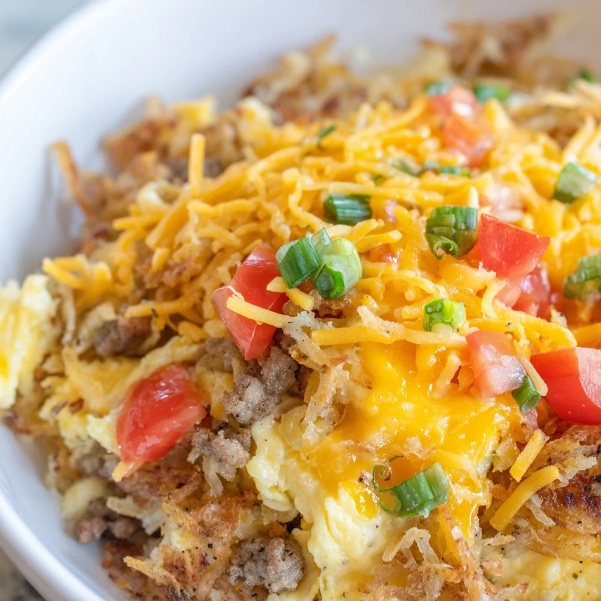 Crispy golden hash browns topped with fluffy eggs, savory sausage, and fresh avocado slices in a Hash Brown Breakfast Bowls.