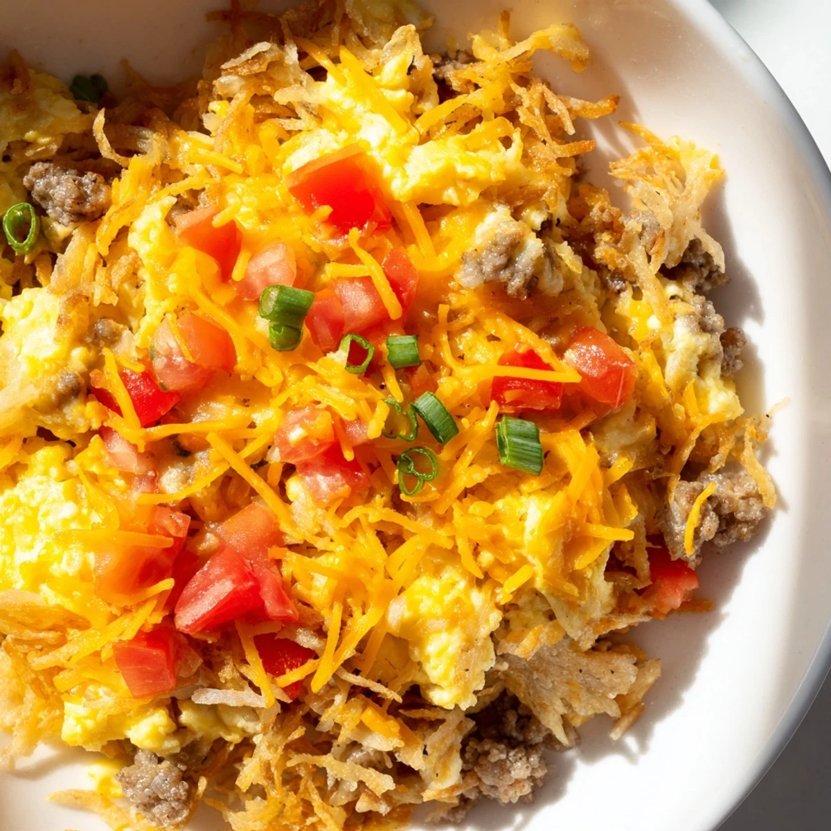 A close-up view of Hash Brown Breakfast Bowls with melted cheddar, diced tomatoes, and green onions for a hearty morning meal.