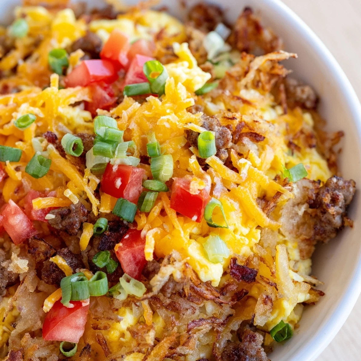 Overhead shot of Hash Brown Breakfast Bowls featuring scrambled eggs, crumbled sausage, and crispy hash browns ready to enjoy.