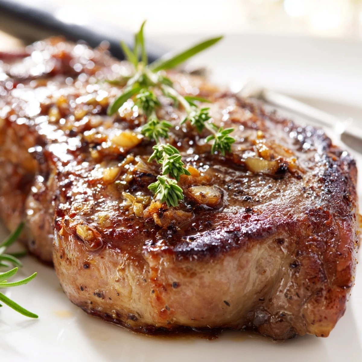 A close-up of the pan seared ribeye steak with garlic butter, fresh thyme, and rosemary on a cast iron skillet.