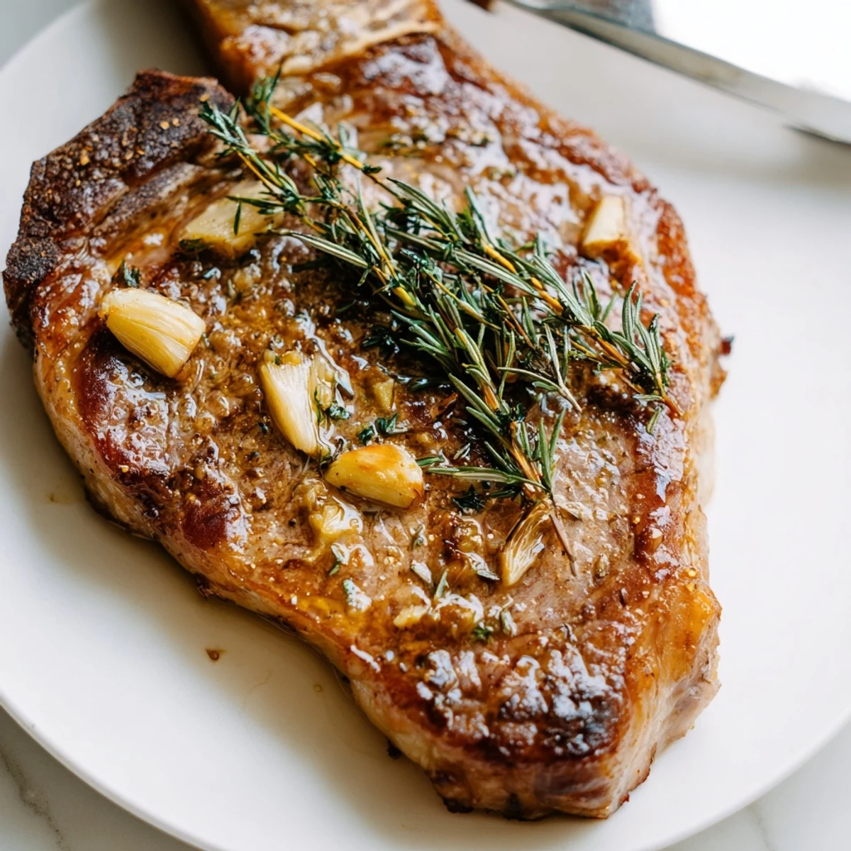 This pan seared ribeye steak showcases a rich, golden crust and aromatic herbs, ready for a hearty dinner.