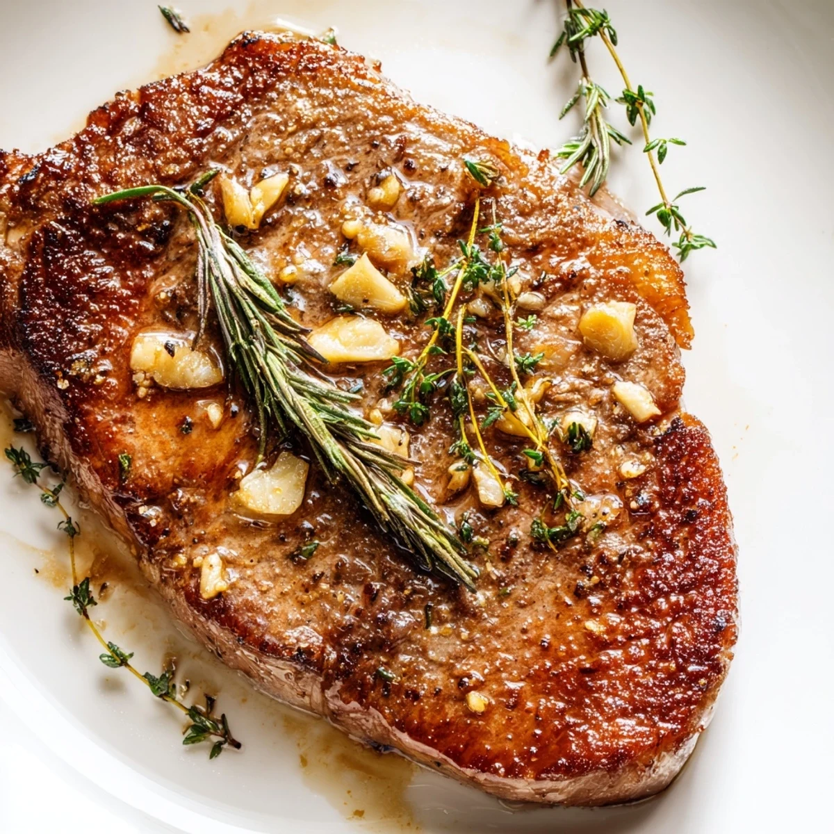 Sizzling pan seared ribeye steak with melted butter baste, sliced to reveal juicy pink interior and fresh herbs.