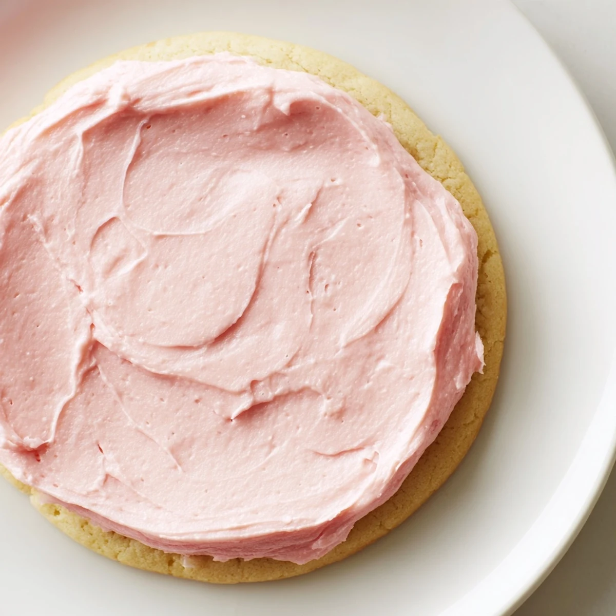 A close view of Crumbl Pink Sugar Cookies showing thick, buttery texture and vibrant pink frosting on a marble countertop.