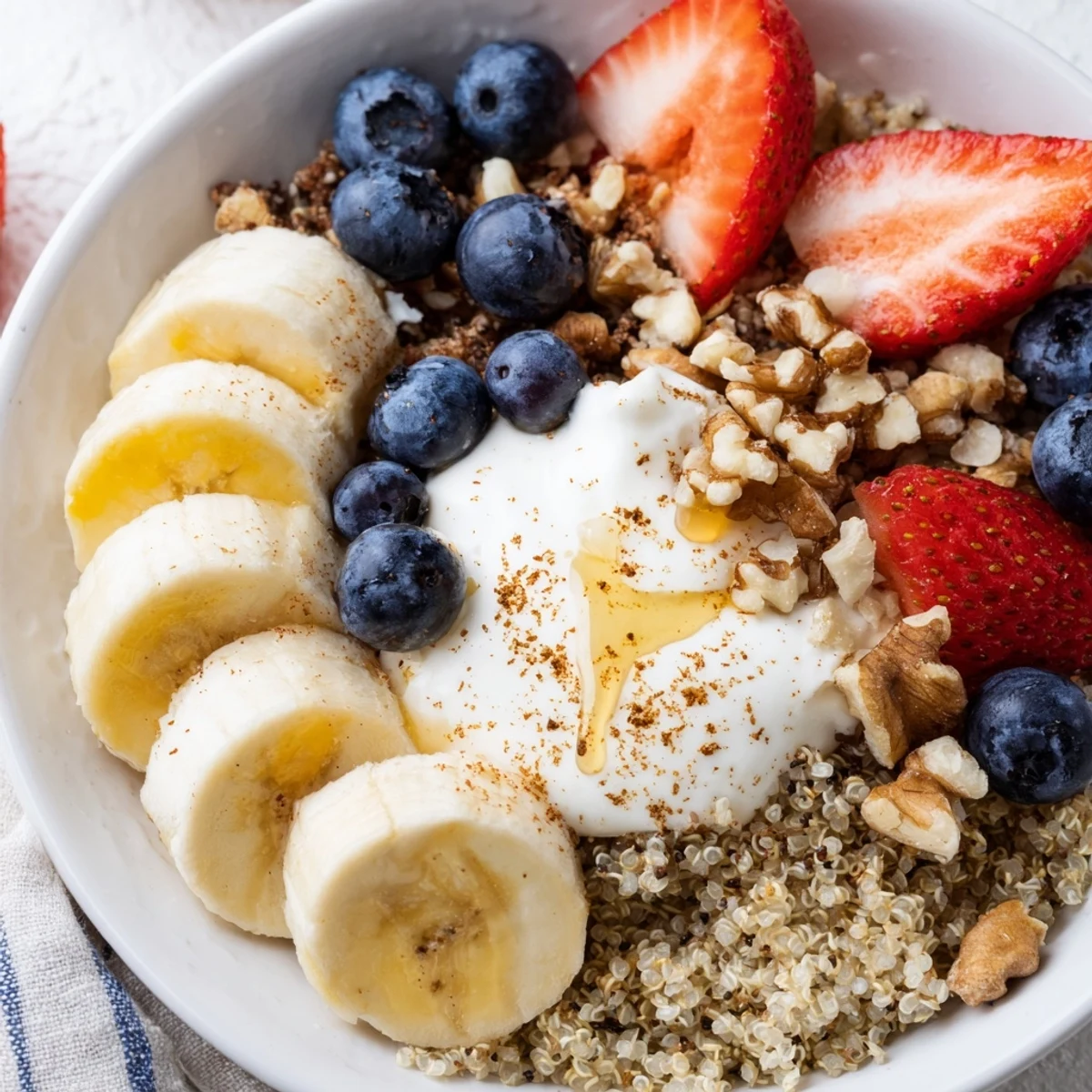 Enjoy a colorful Dietitians Balanced Breakfast Bowl with warm quinoa, crunchy walnuts, sweet honey drizzle, and fresh fruit slices, served in a ceramic bowl.