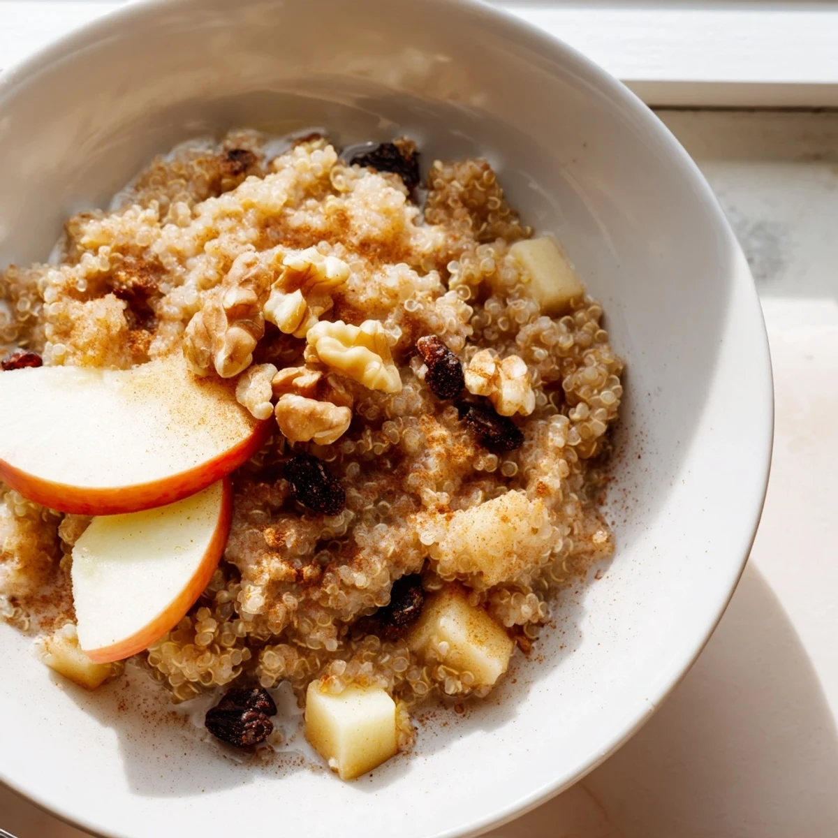 Steaming Healthy Quinoa Apple Breakfast served in a rustic bowl with a drizzle of honey.