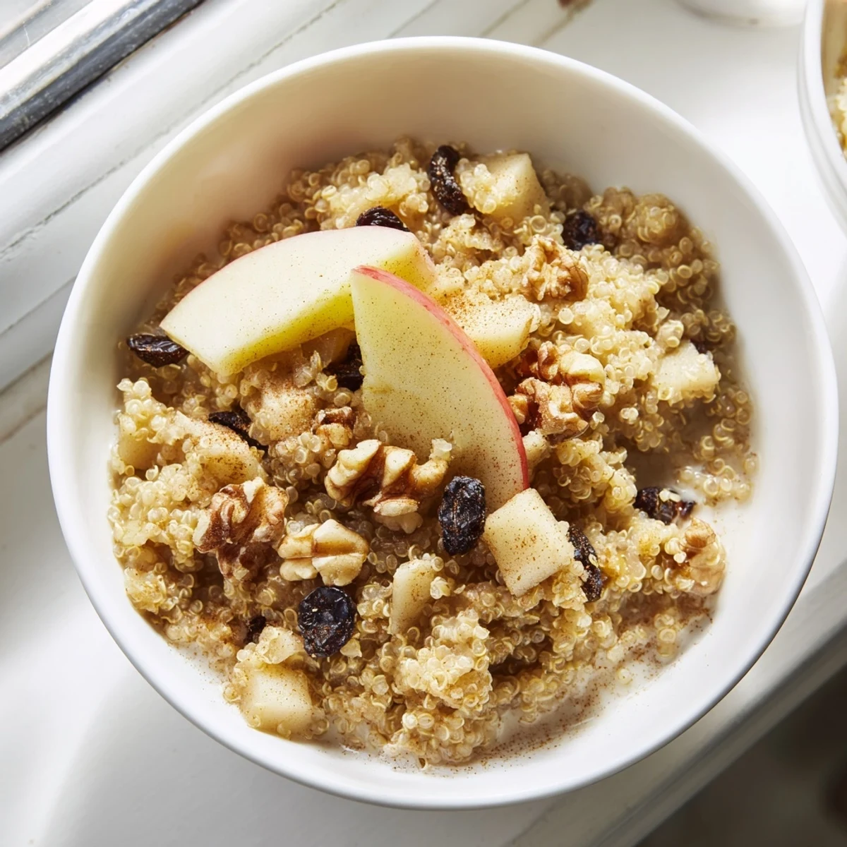 Cozy morning bowl of Healthy Quinoa Apple Breakfast with cinnamon apples and toasted pecans.