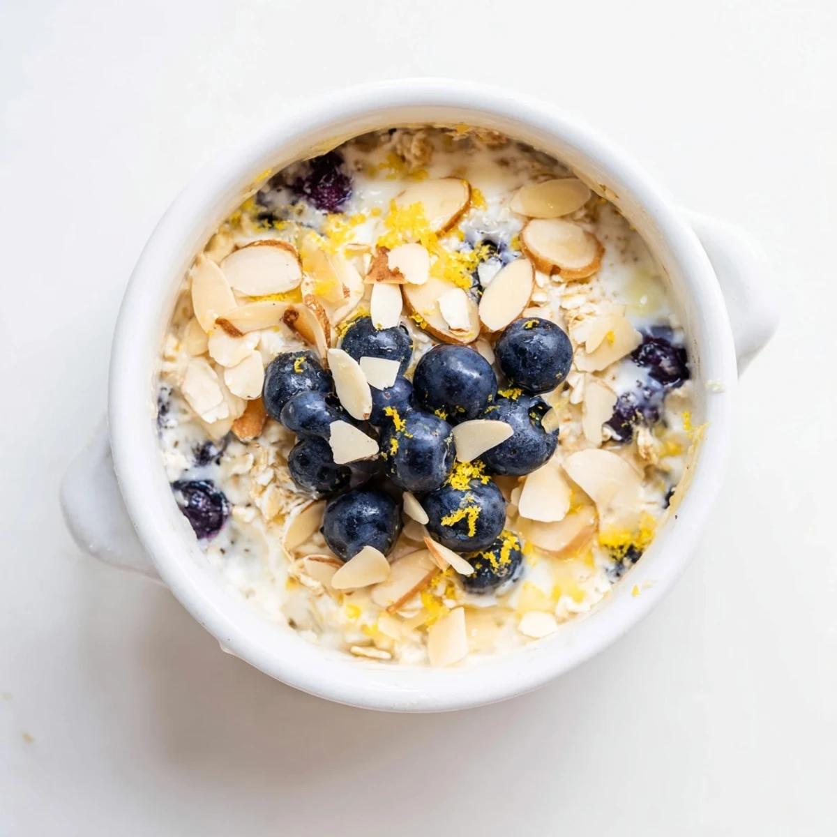 Warm Baked Blueberry Cottage Cheese Breakfast Bowls with toasted nuts and a drizzle of honey.