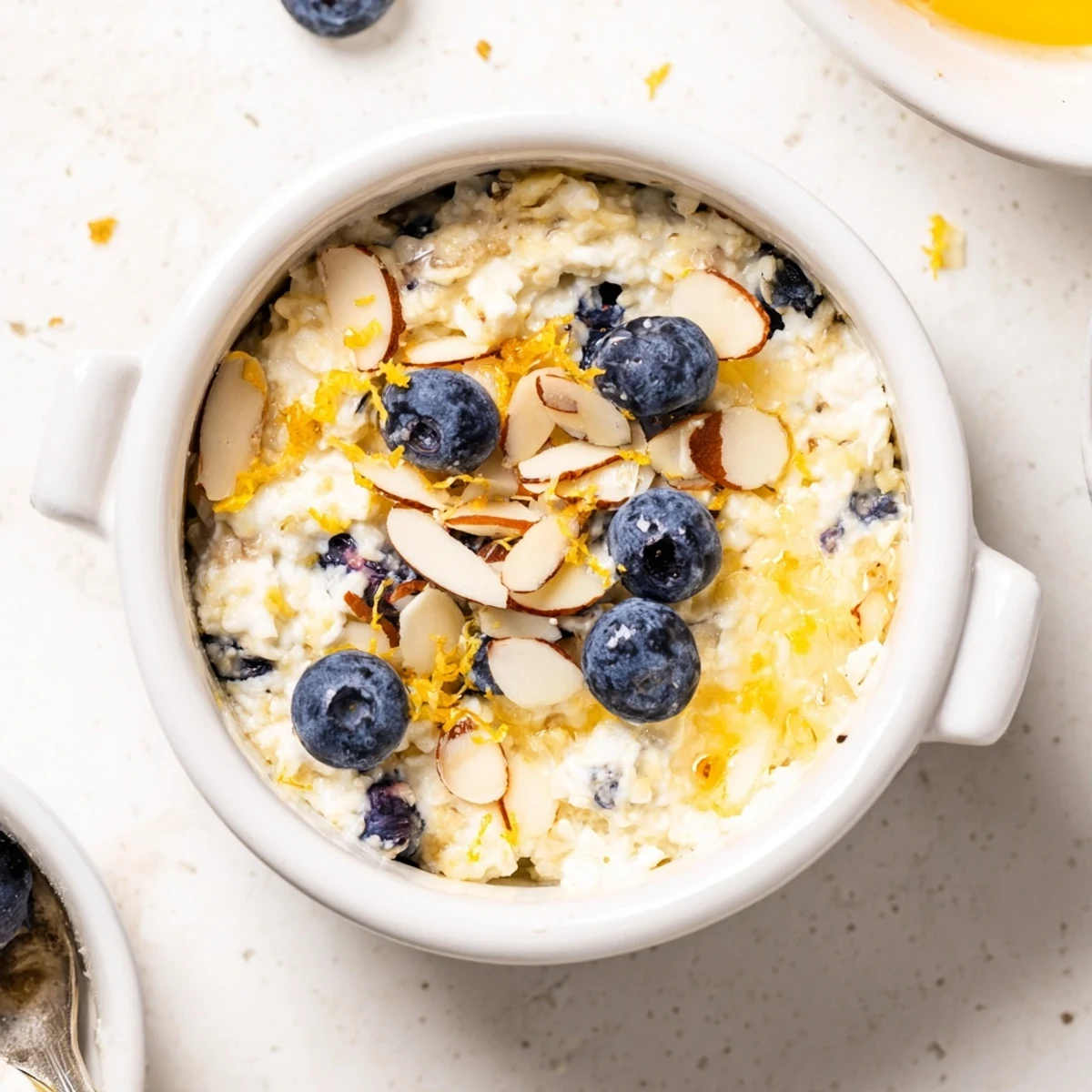 Creamy Baked Blueberry Cottage Cheese Breakfast Bowls topped with crunchy almonds and a maple drizzle.