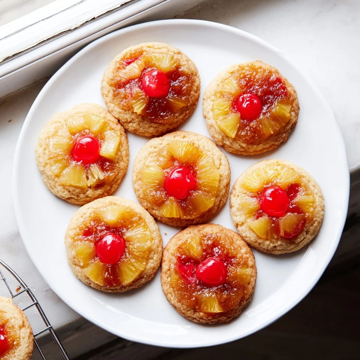 Caramelized pineapple and cherry topping on these soft, bite-sized Pineapple Upside Down Sugar Cookies.