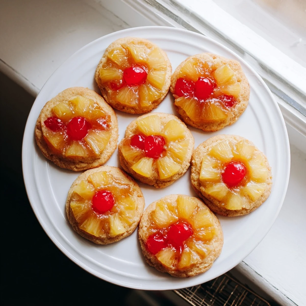 Freshly baked Pineapple Upside Down Sugar Cookies showing caramelized pineapple and a bright cherry on top.