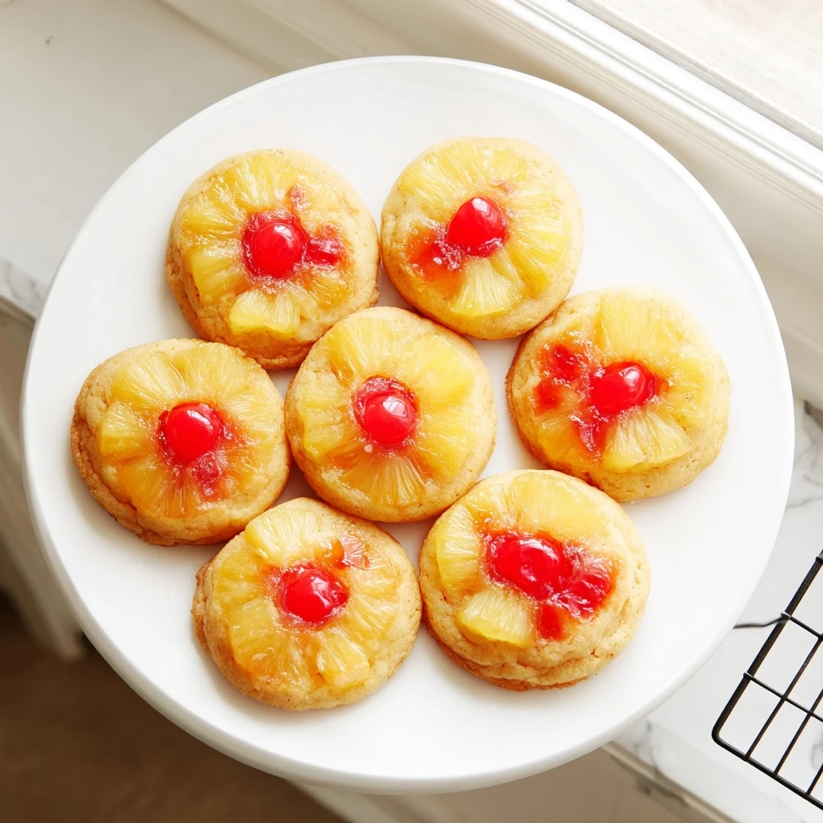 Warm Pineapple Upside Down Sugar Cookies plated with a scoop of vanilla ice cream, ready to serve.