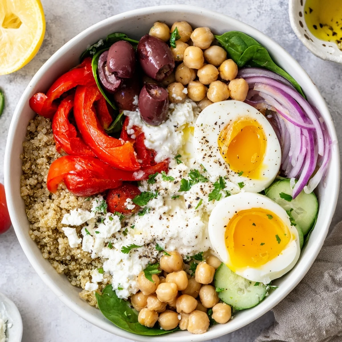 Bright Mediterranean breakfast bowl with jammy eggs, creamy Greek yogurt, and vibrant quinoa topped with chickpeas, tomatoes, and feta.