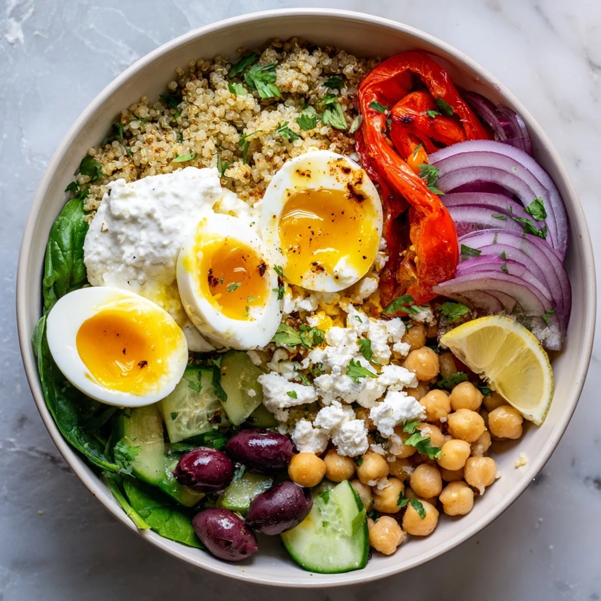 A close-up of a high-protein Mediterranean breakfast bowl featuring halved jammy eggs, Greek yogurt, chickpeas, and colorful vegetables on fluffy quinoa.
