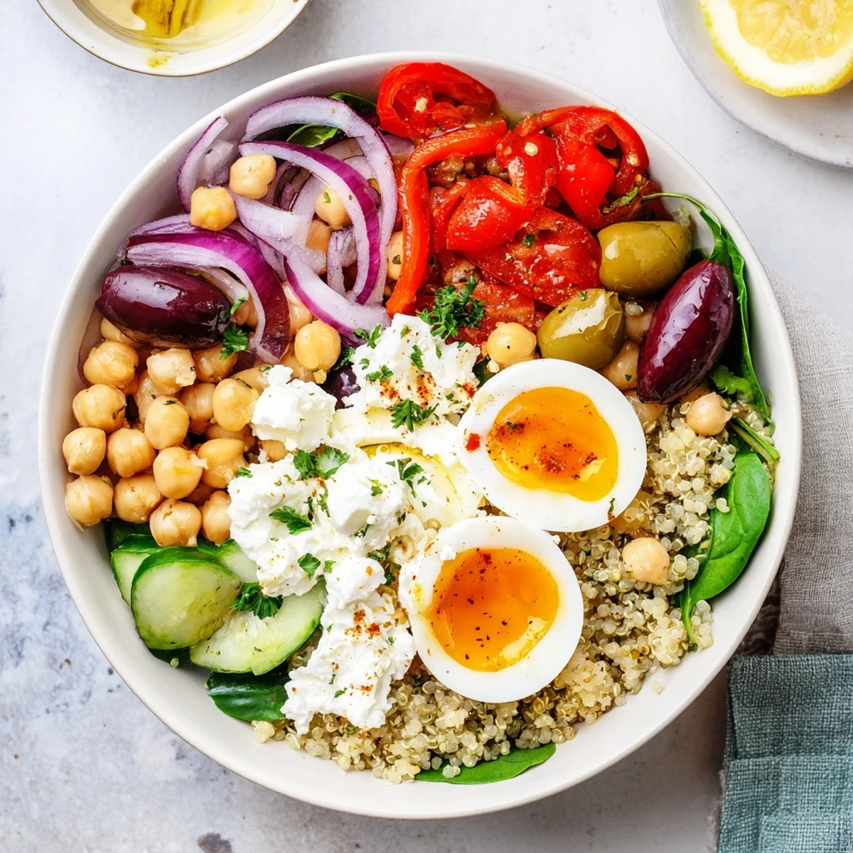 Healthy Mediterranean breakfast bowl with roasted red peppers, kalamata olives, feta, and a drizzle of olive oil for a protein-packed start.