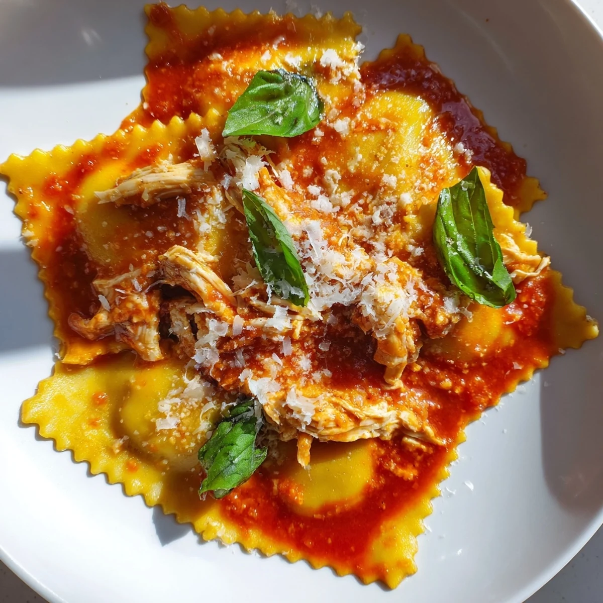 Close-up of homemade Chicken and Mushroom Ravioli with Simple Tomato Sauce, glistening with olive oil and grated Parmesan cheese.