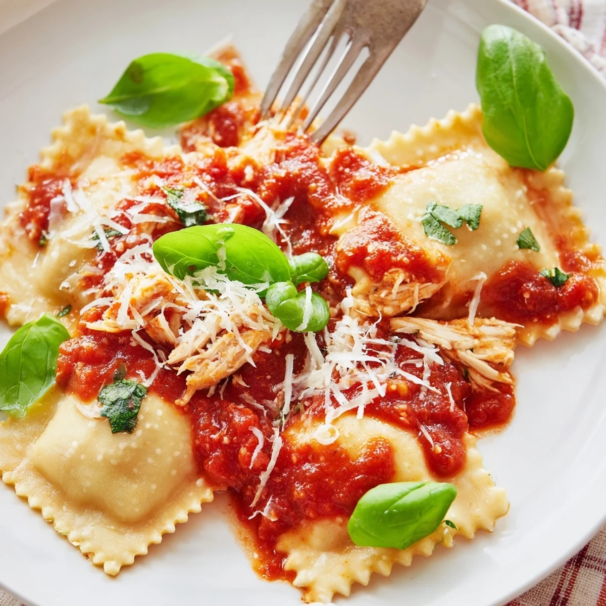 A comforting Italian dinner plate featuring Chicken and Mushroom Ravioli with Simple Tomato Sauce, garnished with parsley and fresh basil.