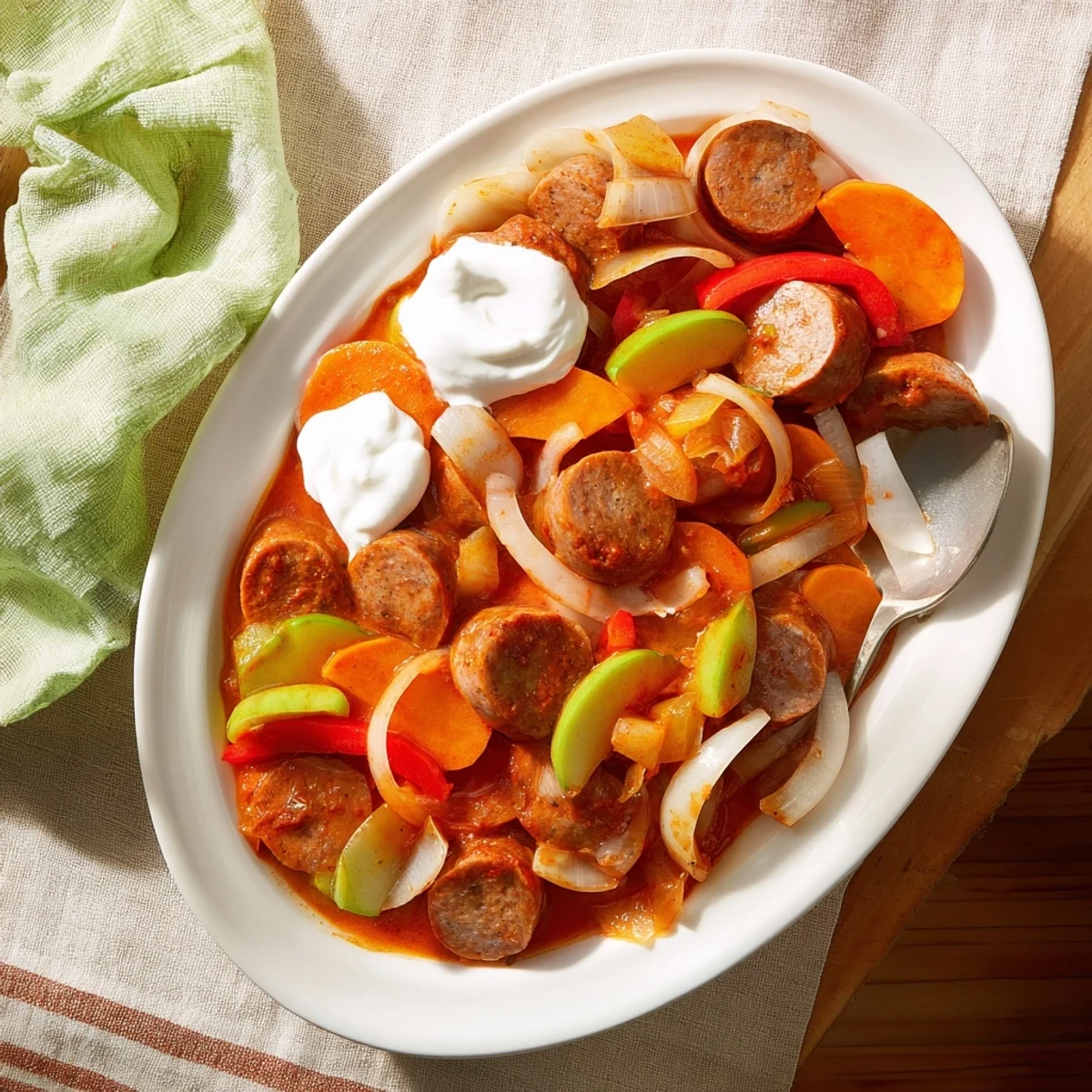 A close-up of Sweet and Savoury Sausage Curry with tender pork sausages and vibrant red bell peppers in a rich, creamy sauce.