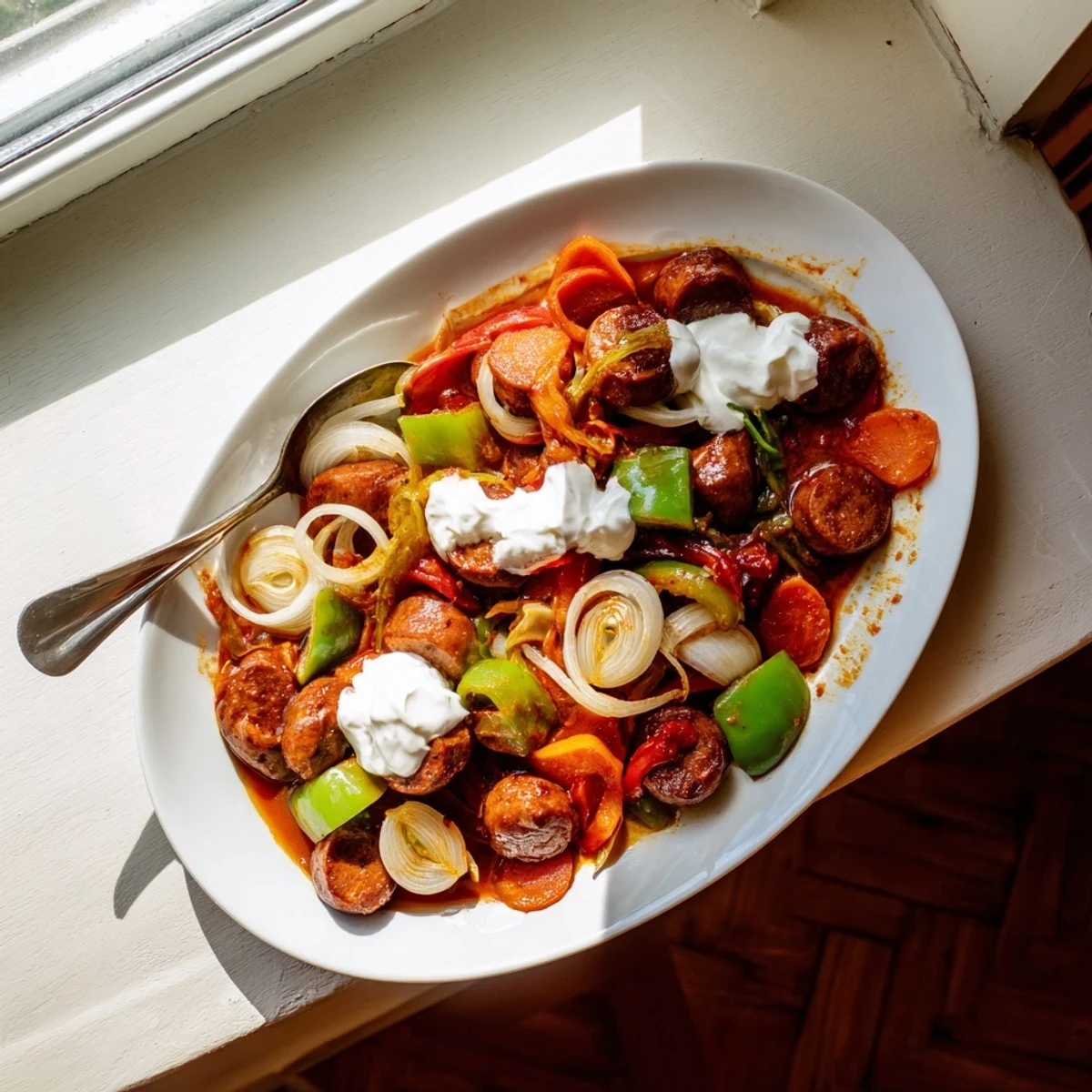 Sweet and Savoury Sausage Curry served over steamed white rice, garnished with a swirl of yogurt and fresh cilantro for a family dinner.