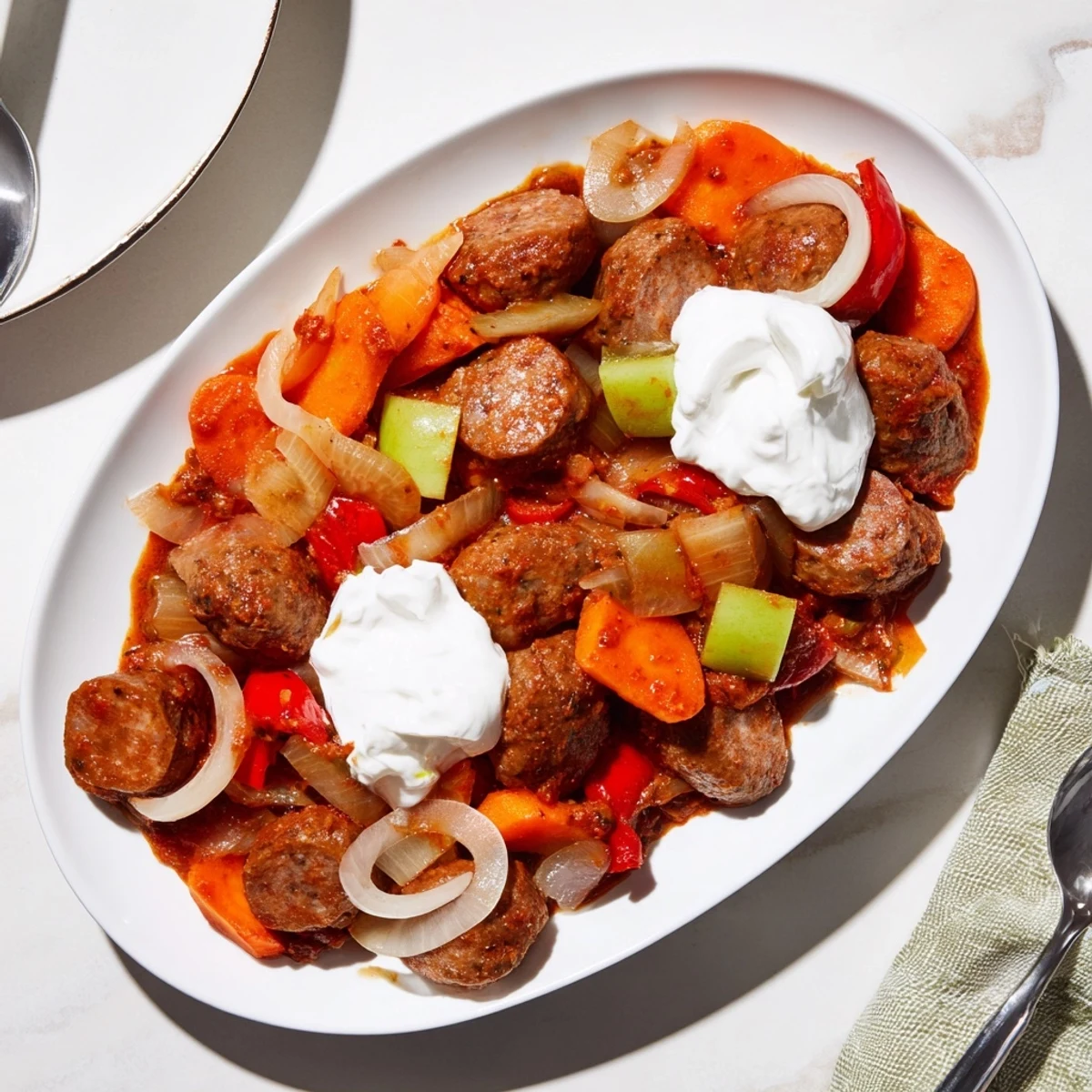 Hearty Sweet and Savoury Sausage Curry in a rustic skillet, featuring diced apples and onions simmering in a spiced tomato gravy.