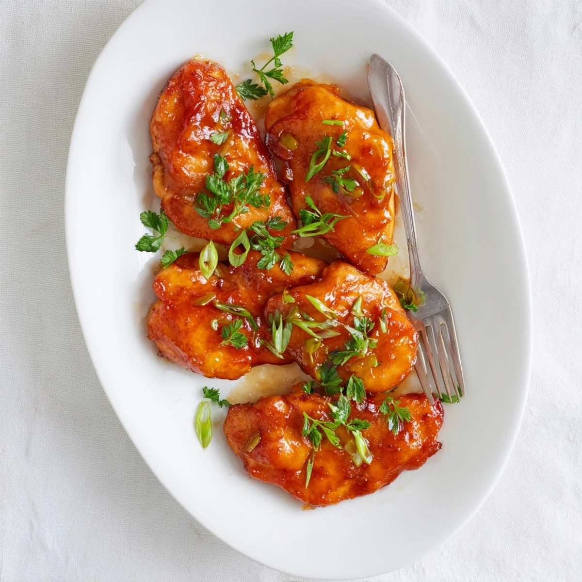 Golden-brown Classic Apricot Chicken breasts coated in a sticky, glossy apricot glaze, garnished with fresh parsley.  