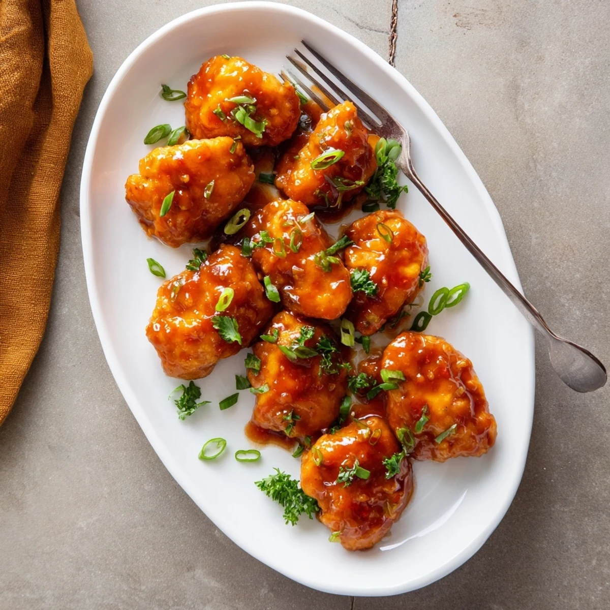 A skillet of Classic Apricot Chicken simmering in a tangy orange sauce, served with fluffy white rice and green onions.  