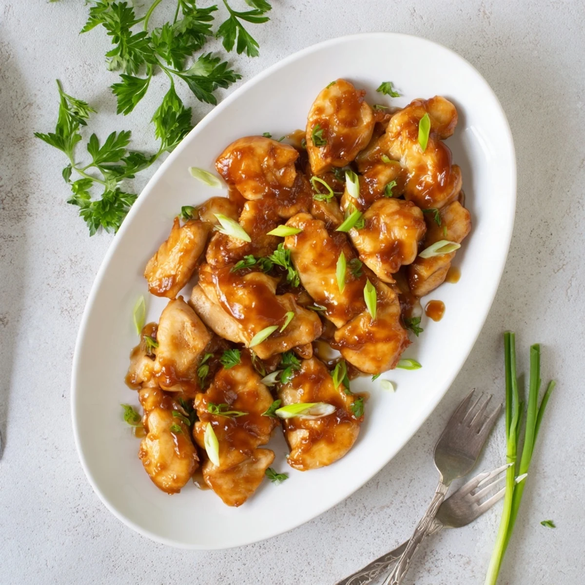 Tender Classic Apricot Chicken resting on a plate, drizzled with sweet and savory sauce alongside roasted vegetables.