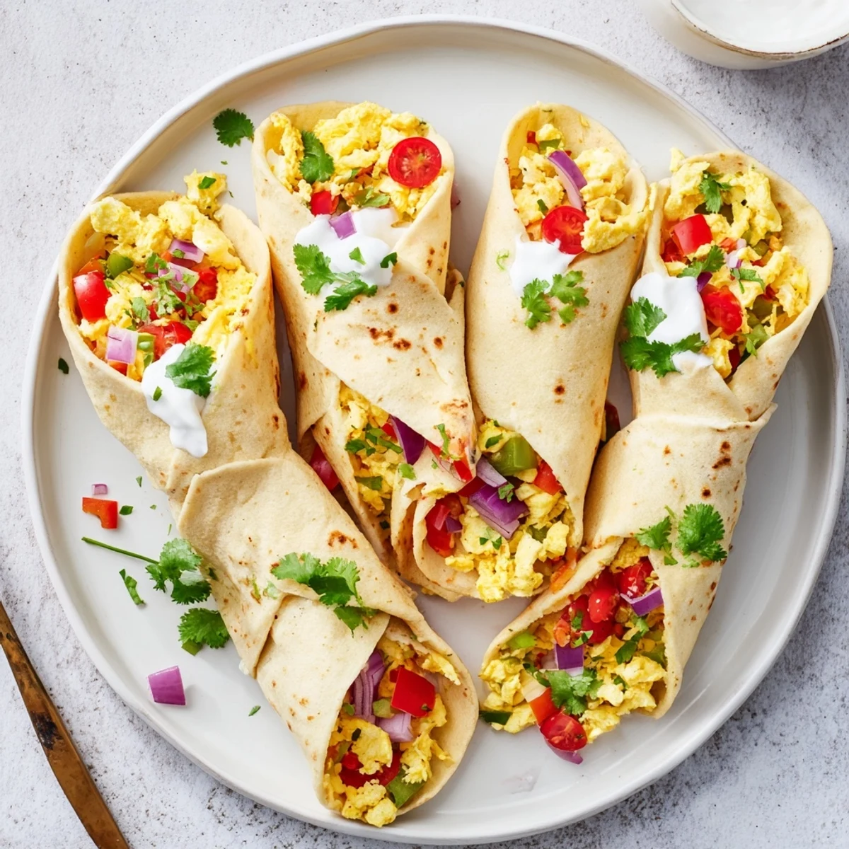 These Tex Mex Egg Tortilla Pockets are garnished with cilantro and sour cream, a perfect handheld breakfast for busy mornings.