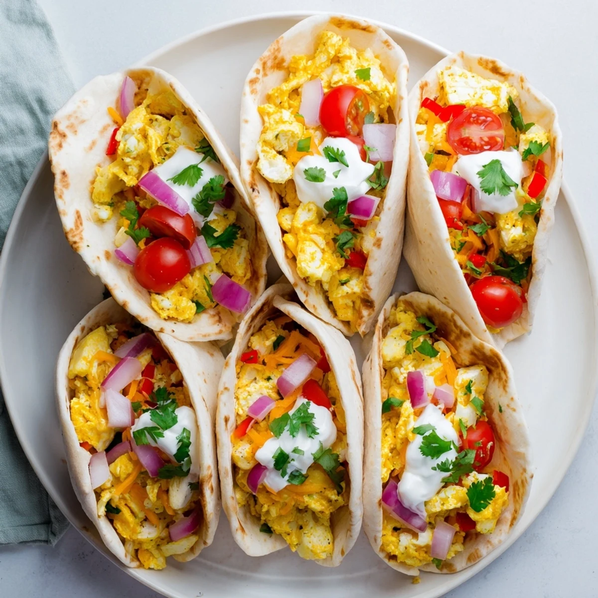 A close-up view shows sautéed bell peppers and onions mixed with eggs inside Tex Mex Egg Tortilla Pockets, ready to eat.