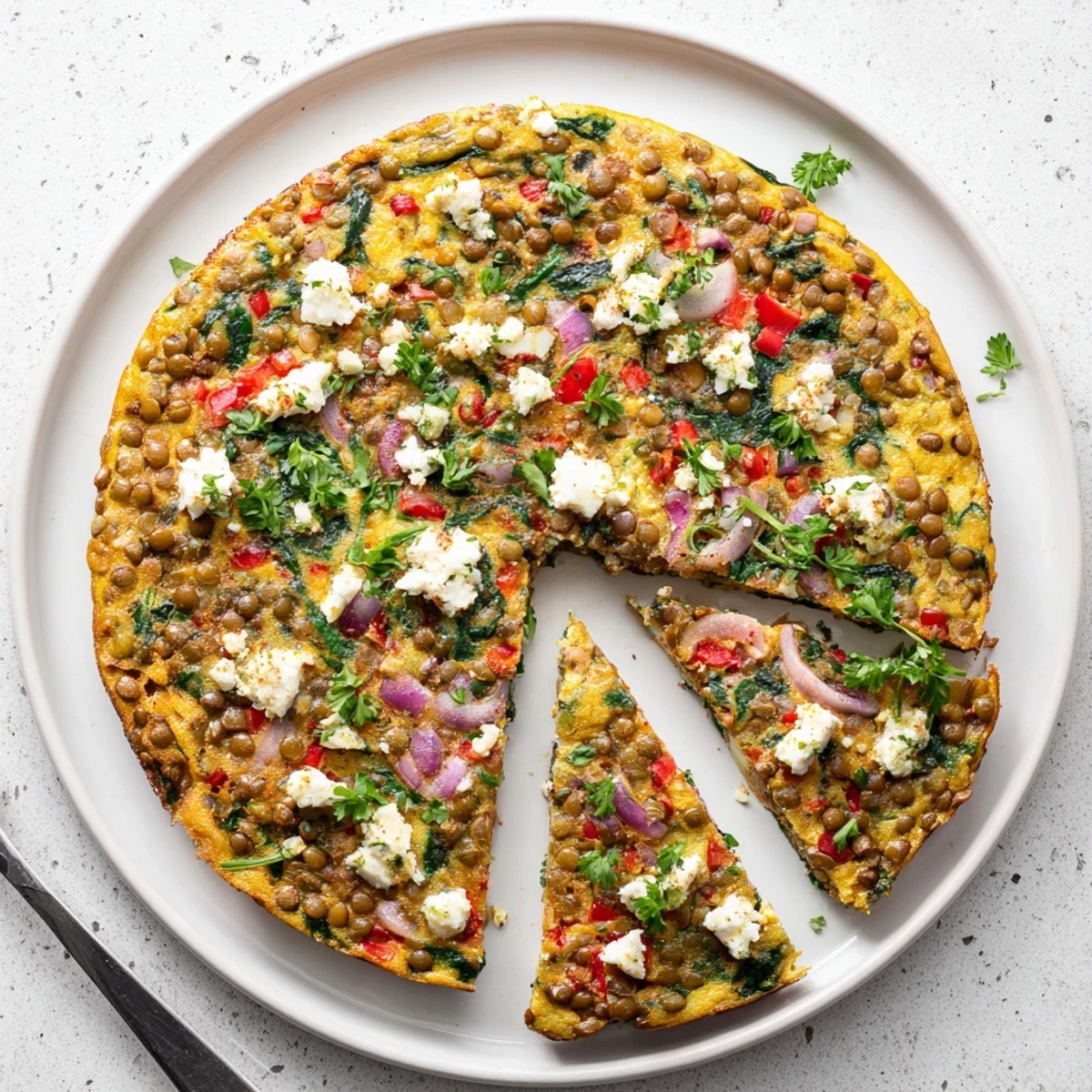 A close-up of the Healthy Lentil and Feta Frittata with crumbled feta and parsley garnish on a rustic wooden table.