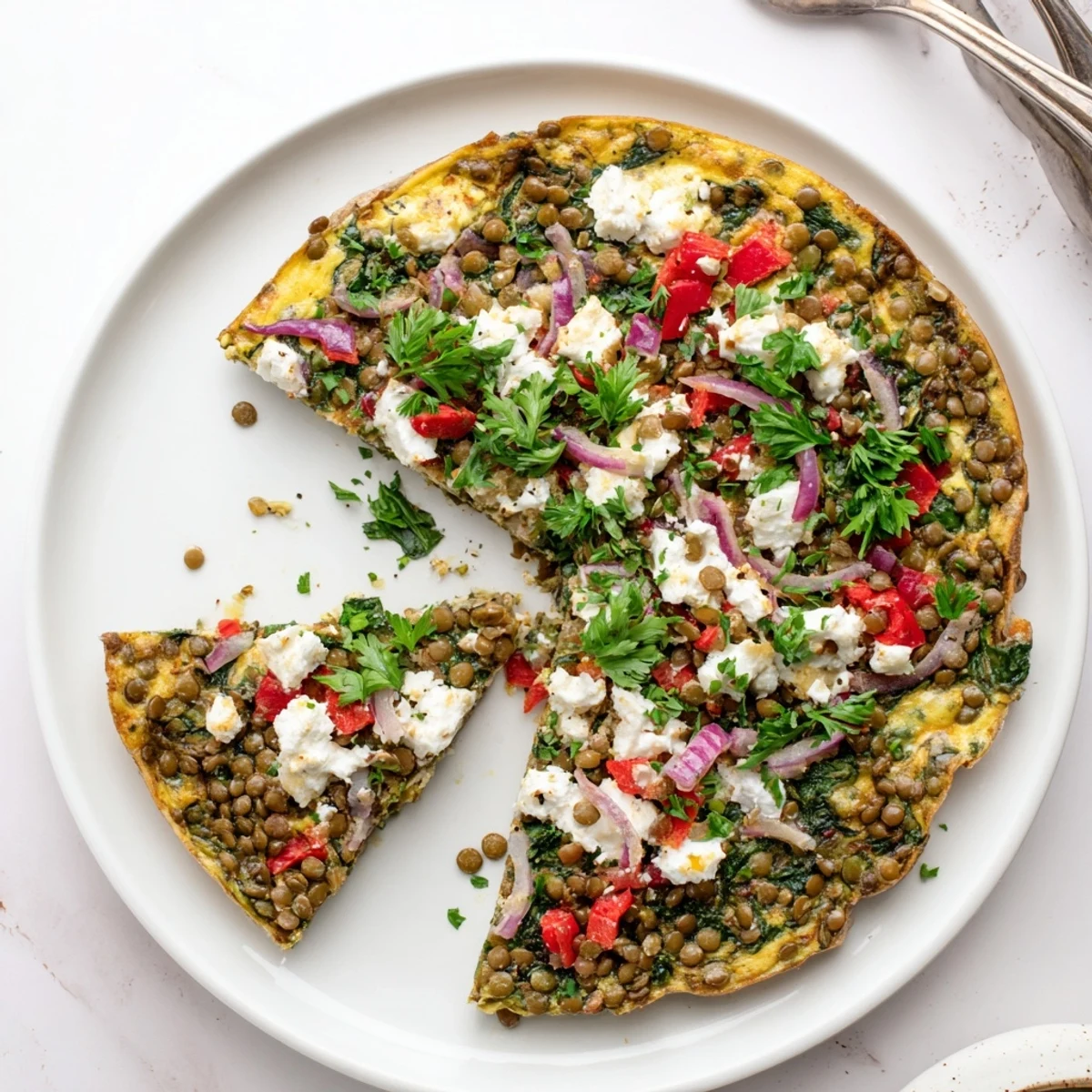 Golden-brown Healthy Lentil and Feta Frittata sliced in a cast iron skillet, showcasing fluffy eggs, lentils, and fresh spinach.