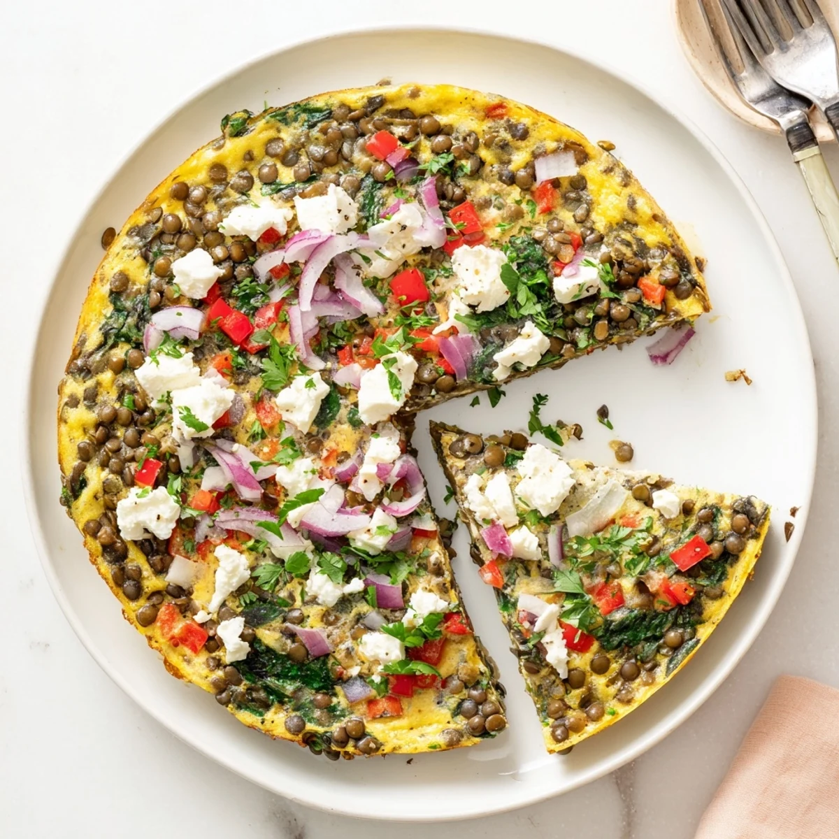 Overhead view of a Healthy Lentil and Feta Frittata served with a light salad, highlighting vibrant red bell peppers and lentils.