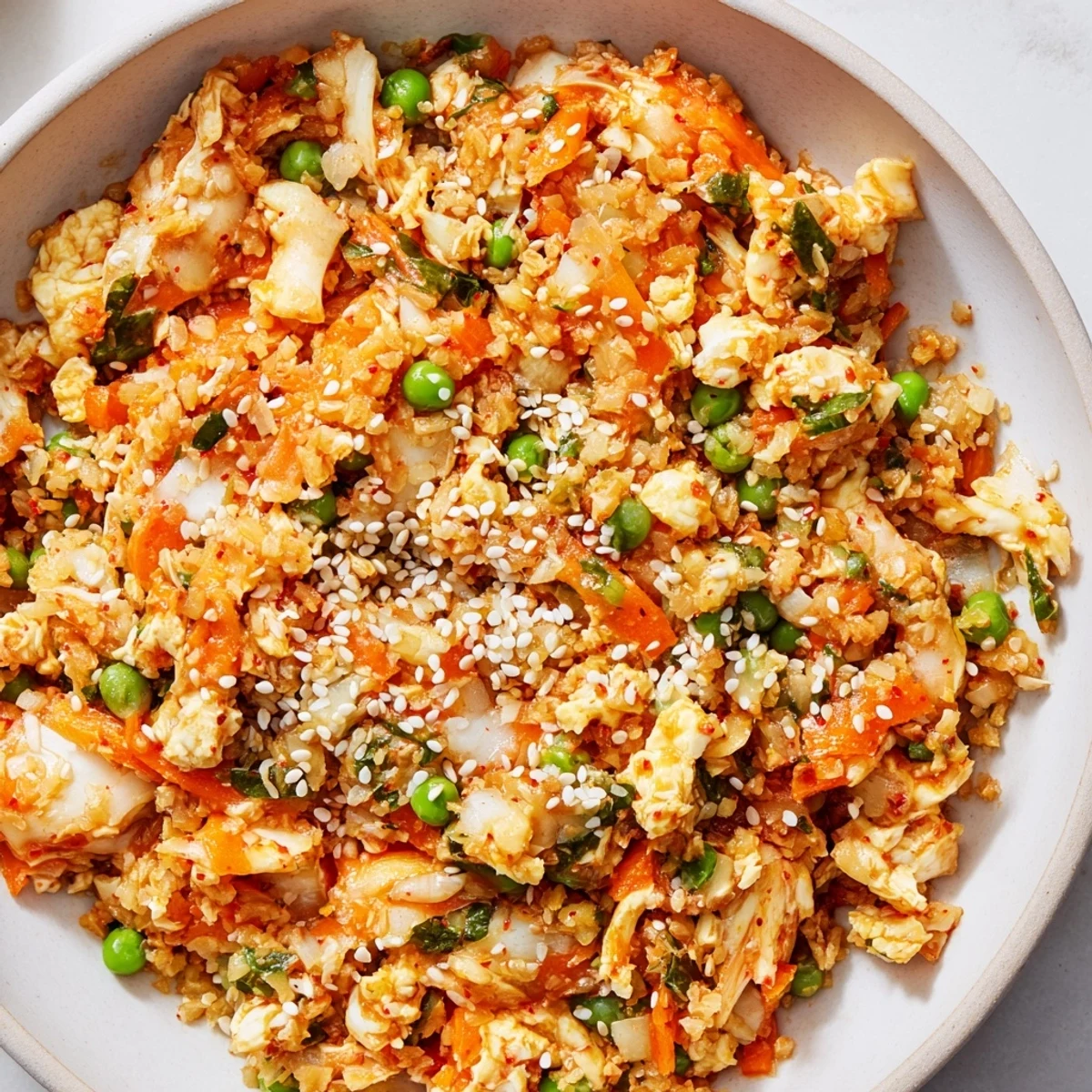 A close-up of Cauliflower Fried Rice with Kimchi and Eggs, showcasing fluffy cauliflower rice, vibrant pink kimchi chunks, and soft scrambled eggs.