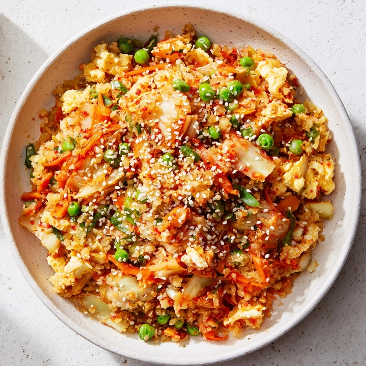 A skillet of sizzling Cauliflower Fried Rice with Kimchi and Eggs, featuring colorful carrots and peas mixed into the Asian fusion dish.