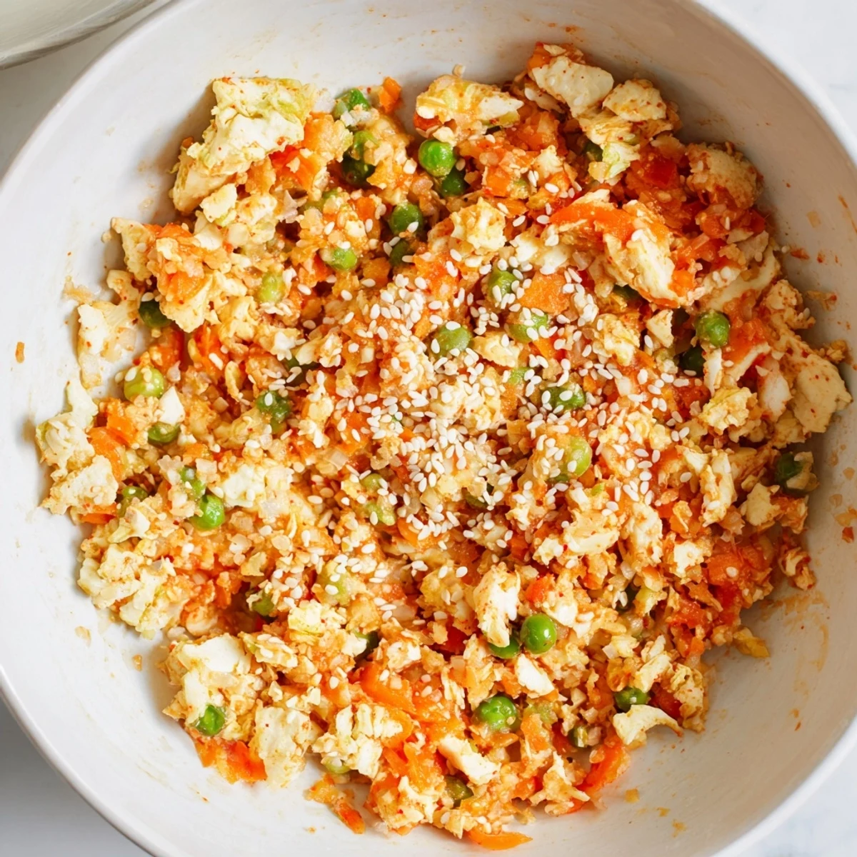 Overhead shot of Cauliflower Fried Rice with Kimchi and Eggs served in a bowl, garnished with green onions and sesame seeds beside chopsticks.