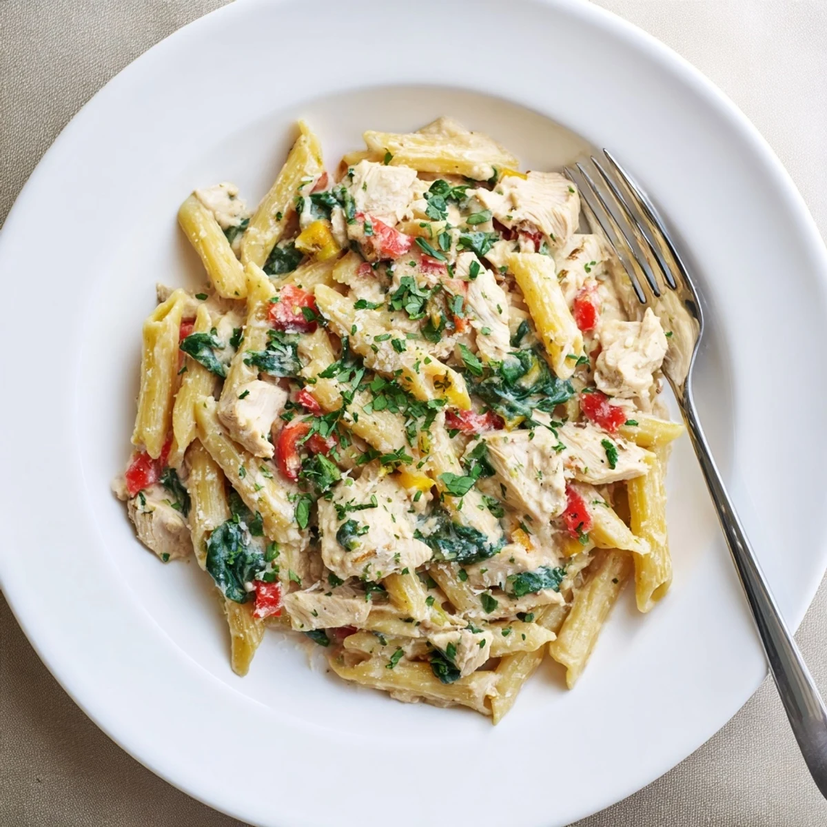 Creamy One Pan Creamy Chicken Pasta with tender chicken, spinach, and bell peppers in a rich, cheesy sauce served in a skillet.