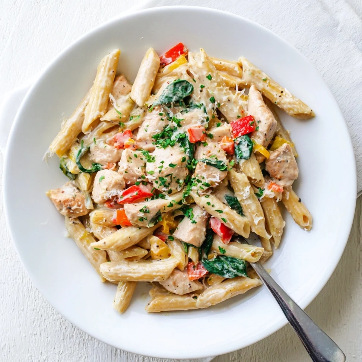 A close-up of One Pan Creamy Chicken Pasta featuring golden chicken pieces, glossy cream sauce, and fresh parsley garnish on a wooden table.