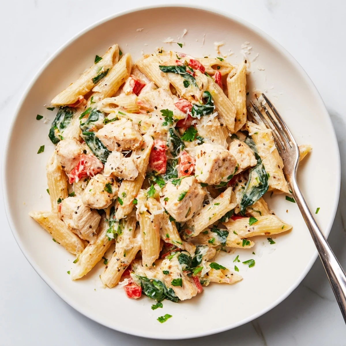 Savory One Pan Creamy Chicken Pasta cooked in a single skillet, with al dente penne, vegetables, and melted Parmesan, ready for a family dinner.