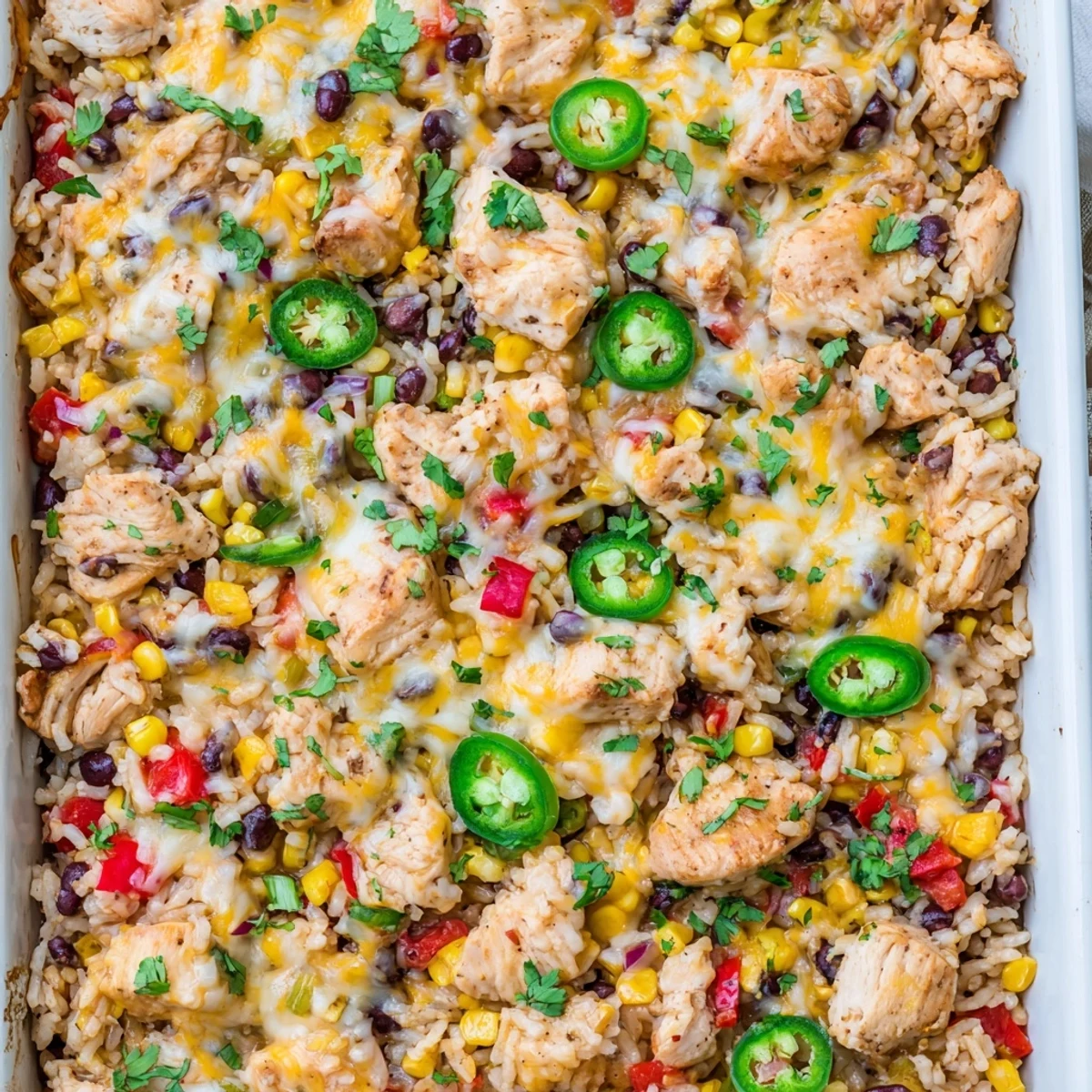 Golden Mexican Chicken and Rice Bake in a baking dish topped with jalapeños and sour cream.