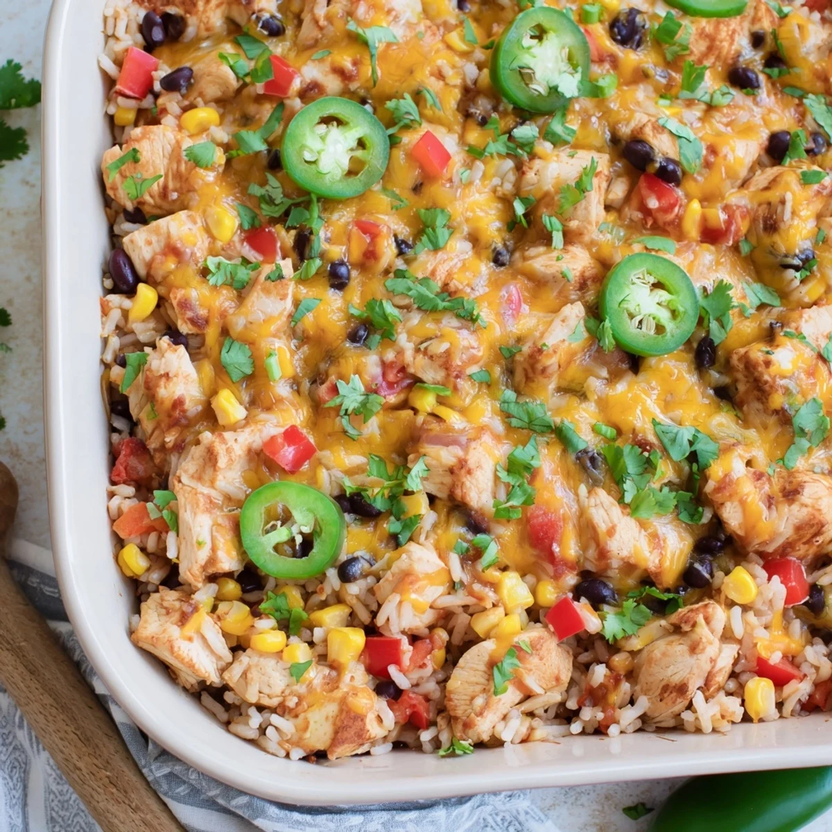 A close-up of Mexican Chicken and Rice Bake with melted cheese, cilantro, and lime wedges.