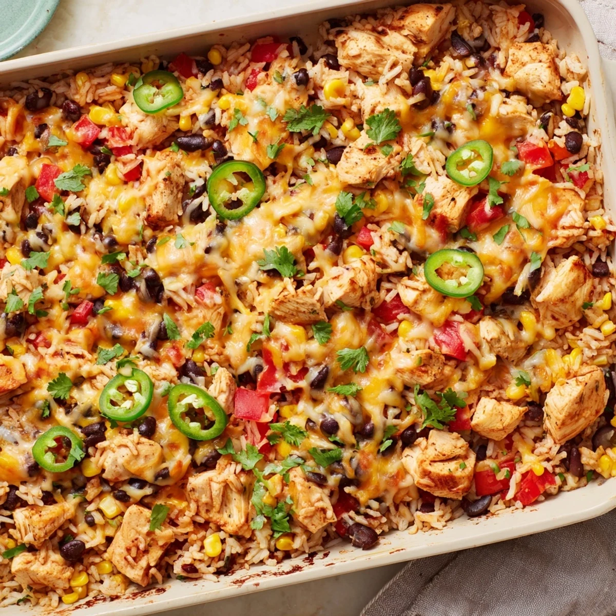 A serving of Mexican Chicken and Rice Bake with fluffy rice, tender chicken, and colorful vegetables.