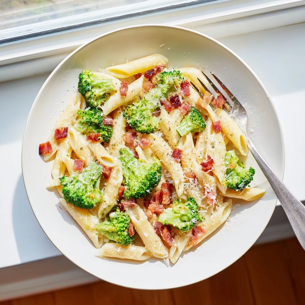 Steaming Bacon Broccoli and Parmesan Pasta twirls on a fork, highlighting crispy bacon bits and tender-crisp broccoli florets in a luscious sauce.